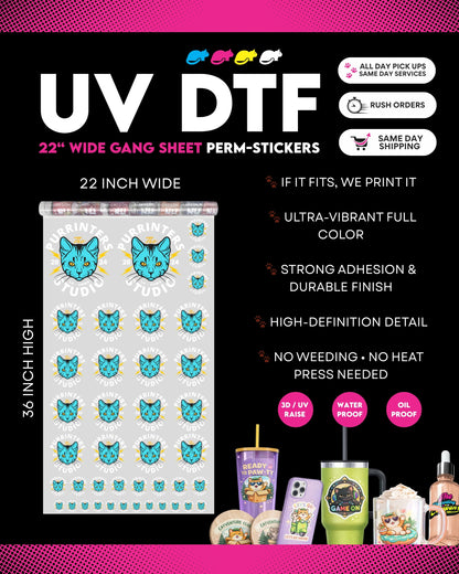 SAME DAY! UV DTF STICKER 23" WIDE GANG SHEET - Upload Your Own Gang Sheet