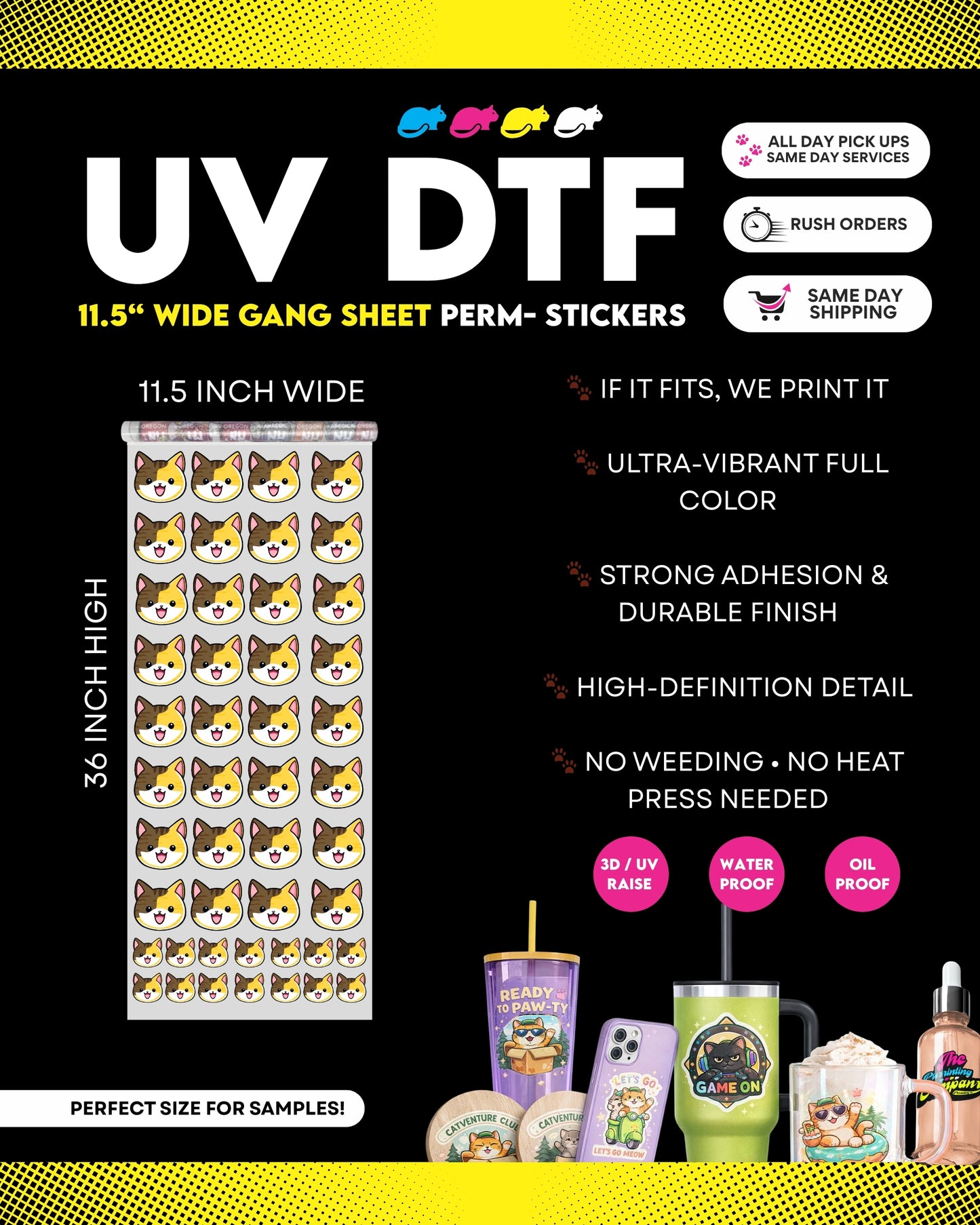 SAME DAY UV DTF PERMA STICKERS 11.5" WIDE GANG SHEET